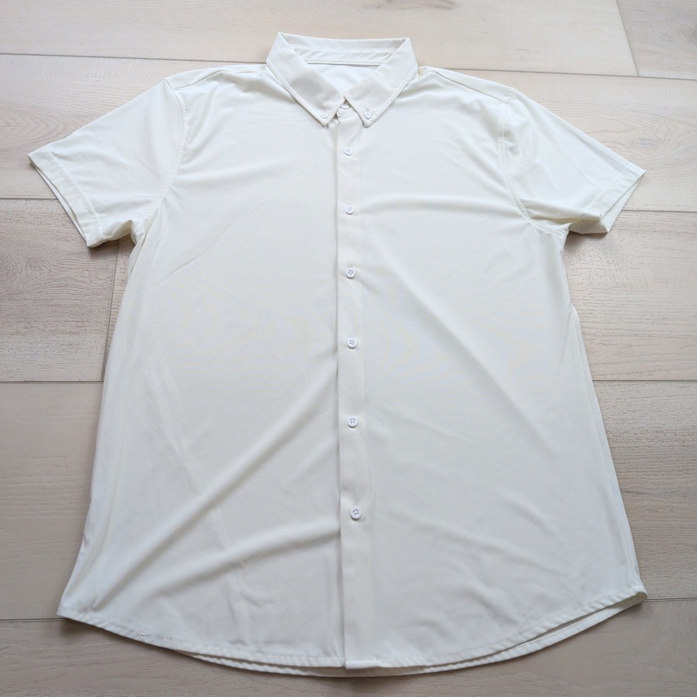Under 5'10 Mens Short Sleeve Button Down Shirt Cream Off-White Large 5642